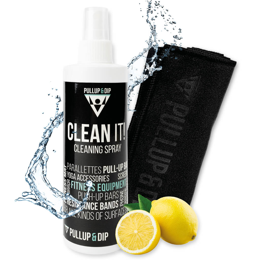 CLEAN IT! Detergente per tappetino multiuso con panno in microfibra e spray detergente (250 ml) per gli accessori da fitness