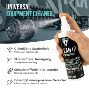 CLEAN IT! Detergente per tappetino multiuso con panno in microfibra e spray detergente (250 ml) per gli accessori da fitness