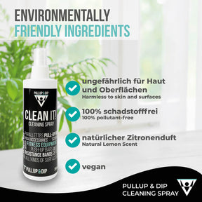 CLEAN IT! Detergente per tappetino multiuso con panno in microfibra e spray detergente (250 ml) per gli accessori da fitness