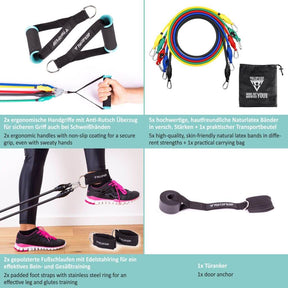 Elastico Fitness con Maniglie - Set di 5 Resistenza con Maniglie, Cinghie per i Piedi e Ancoraggio per Porta